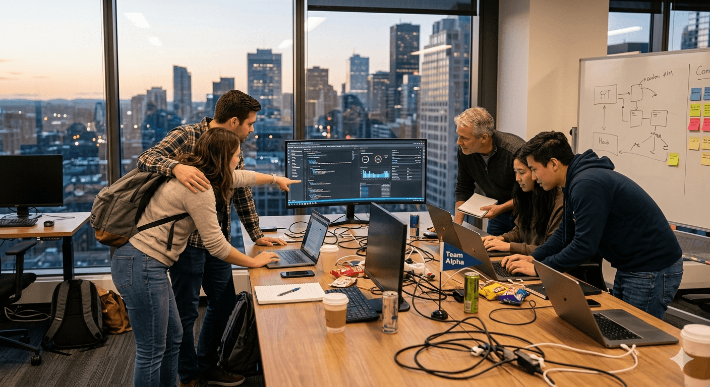 Équipe lors d'un hackathon partageant leurs photos