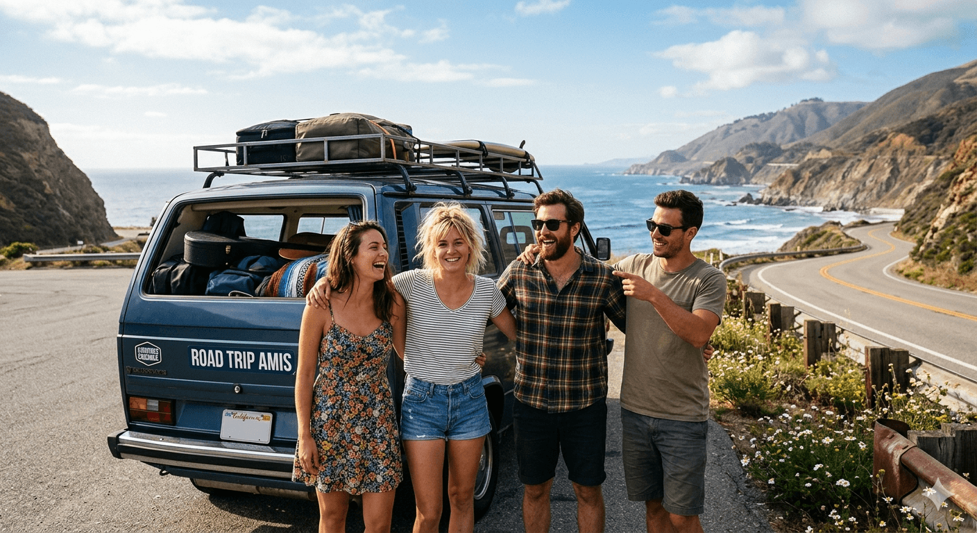 Groupe d'amis en road trip partageant leurs photos